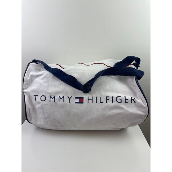 TOMMY HILFIGER Canvas Spellout Duffle Bag White Blue Weekender Sports Travel VTG - Picture 2 of 7